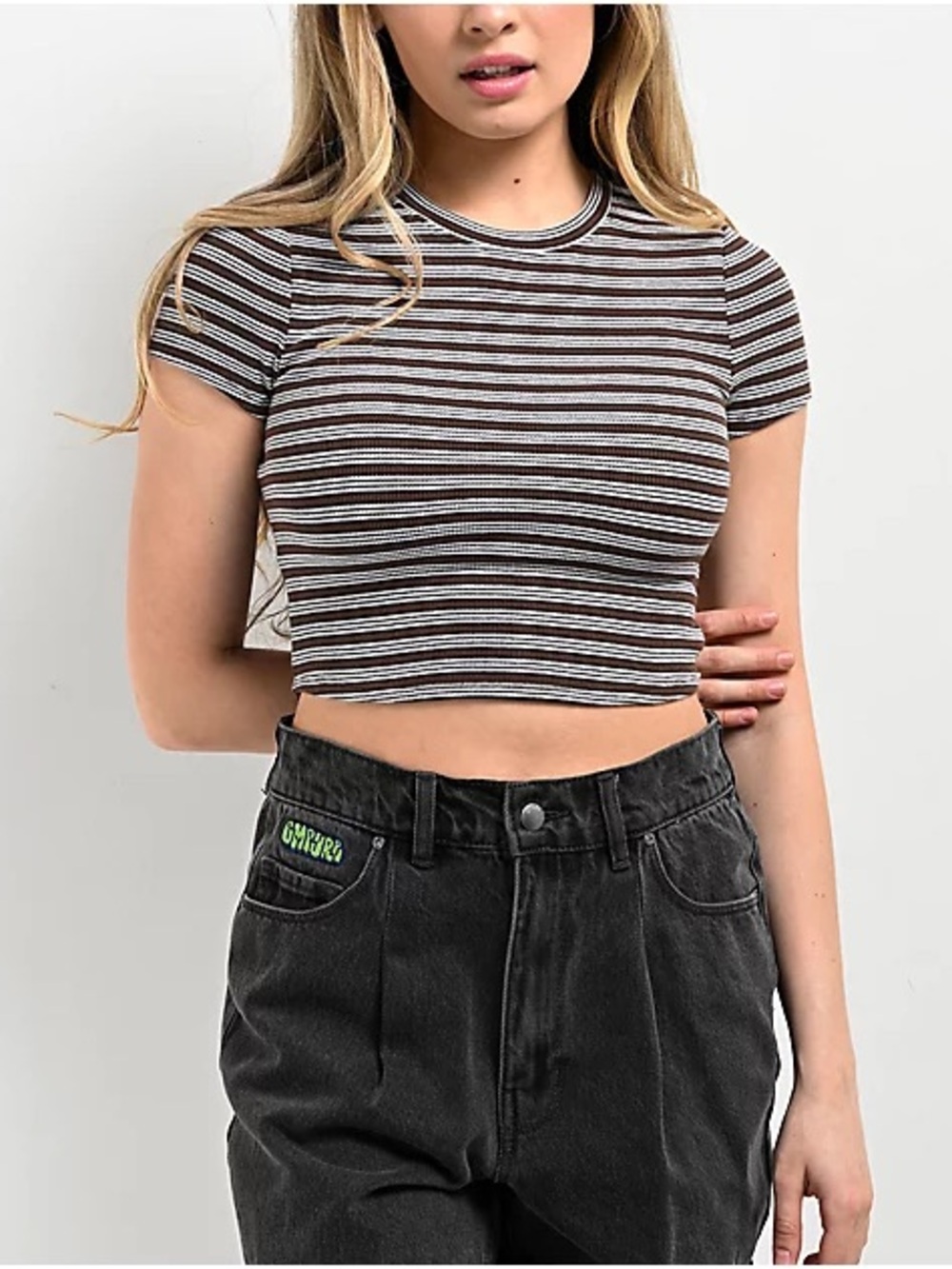 Zine Clothing Brown and Blue Striped Ribbed Crop Top
